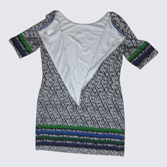 Eliza J Shift Dress Sz 14 Eclectic Print with Striped Trim Gold Zip Short Sleeve - Picture 8 of 16